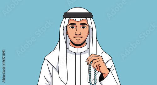 Arab man in traditional clothing holding prayer beads, blue background
