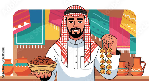Arab man selling dates and jewelry in a traditional market stall