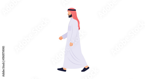Arab man walking, traditional clothing, white thobe, red ghutra, side view