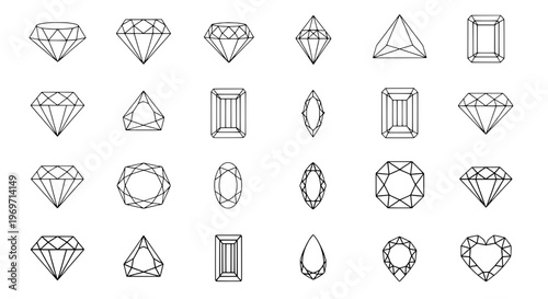 Gemstone cuts vector set with outline faceted shapes including diamonds, emeralds, marquise, oval, pear, and heart outlines.