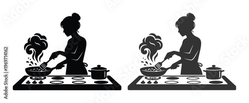 Minimalist woman cooking silhouette vector, female chef preparing food at kitchen stove, black profile of person frying with pan and spatula