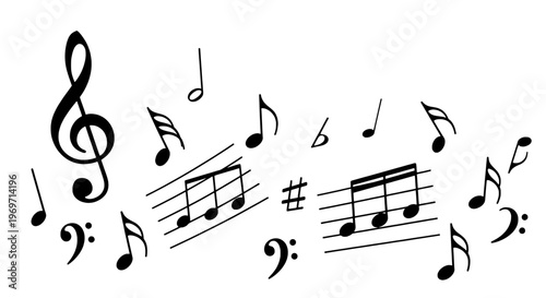 Musical notes hand drawn with black ink and clefs featuring treble clef, bass clef, sheet music with music symbols and sharp elements for flat,