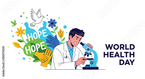 Male scientist using microscope for research with hope and dove