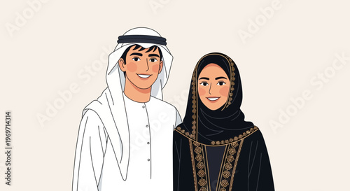 Emirati Couple Portrait, Traditional Arabic Clothing, Modern Style