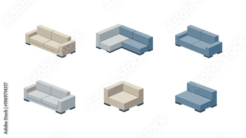 Isometric set of modern sectional sofas and couches in neutral and blue tones, modular corner seating furniture icons on white background