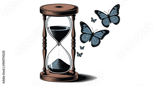 Time passing concept with hourglass and butterflies isolated on transparent background