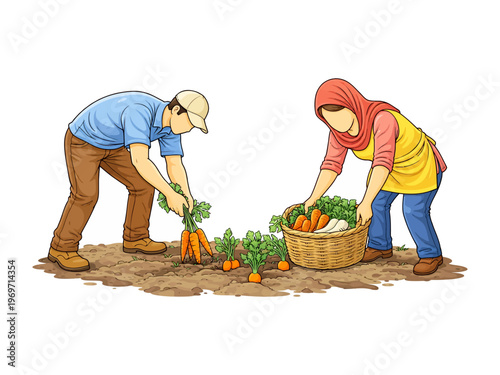 Harvest Harmony: A pair of farmers working together in a vibrant field, harvesting carrots for a bountiful yield, embodying the essence of teamwork and dedication. 