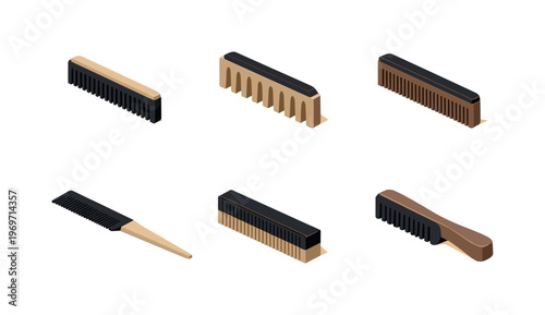 Set of six isometric grooming combs in various shapes and sizes, including wide-tooth and fine-tooth designs, isolated on white background