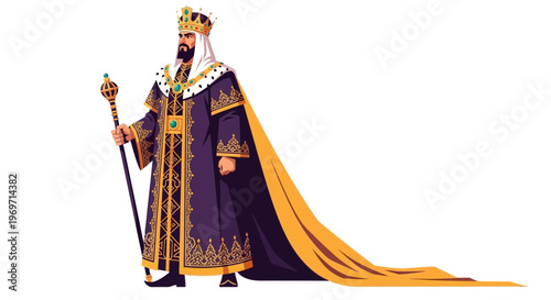 Majestic King with Crown and Scepter, Royal Purple Robe with Gold Trim