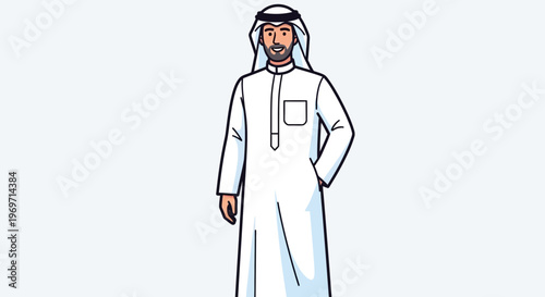 Man in traditional Arab clothing standing, smiling, full body shot