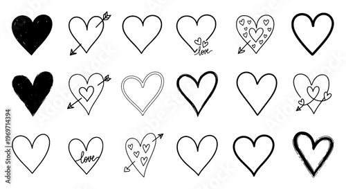 Hearts doodle drawn by hand with grunge scrawls and arrows featuring love, romance, valentine with heart and sketch elements for illustration, black