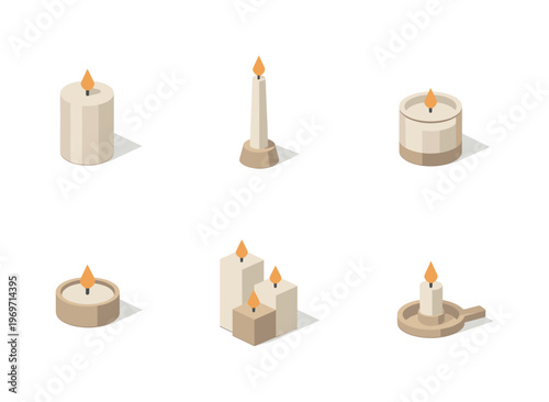 Set of six isometric burning candles in holders and containers with small flames, minimal design icons for relaxation, decor, and ambience