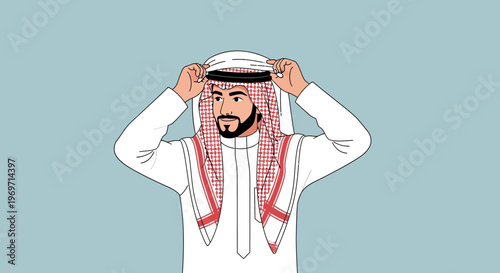 Man adjusting his traditional Arabic keffiyeh and agal on light blue background