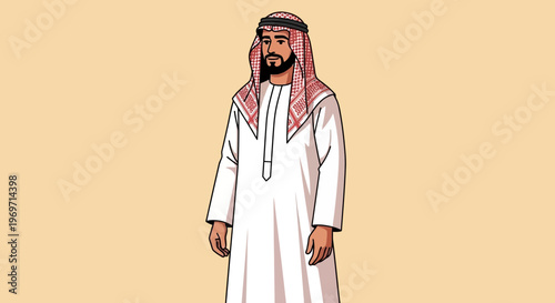 Man in traditional Arabic clothing standing against a plain background