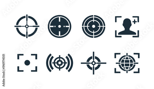 Set of targeting and focus icons featuring crosshairs, radar signal, selection frames, user add symbol, and globe targeting for interface design