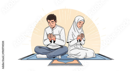 Muslim Couple Praying Together on Prayer Mat