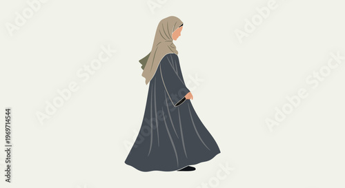 Muslim woman in hijab and abaya walking gracefully, elegant Islamic fashion
