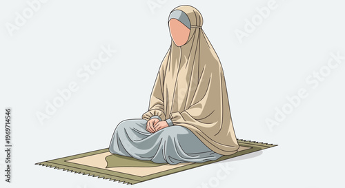 Muslim Woman Praying on Prayer Mat, Islamic Devotion