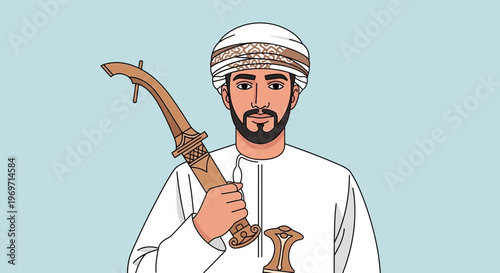 Omani Man in Traditional Dress Holding a Khanjar Dagger