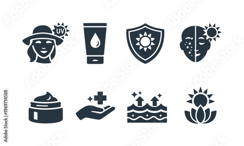 Set of sun protection and skincare icons featuring sunscreen tube, UV hat, shield emblem, facial care, cream jar, medical hand, water, and sun symbol