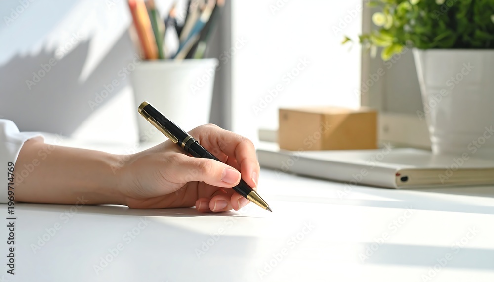 Fototapeta premium A person's hand writing with a pen on a white surface