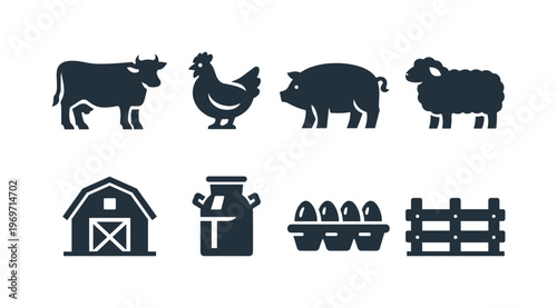 Minimal farm icon set featuring livestock animals and agricultural elements including cow, chicken, pig, sheep, barn, milk can, eggs carton, fence