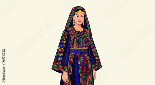 Woman in Traditional Palestinian Embroidery Dress