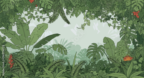 Tropical Jungle Foliage Background with Exotic Plants and Monstera Leaves