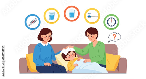 Parents caring for sick child on sofa with medical icons