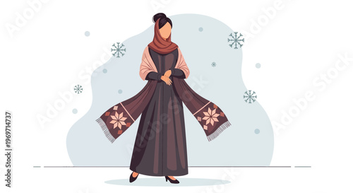 Woman in traditional winter clothing with scarf and snowflakes