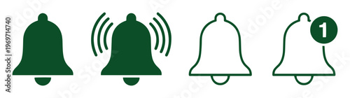Minimalist notification bell icon set, dark green alert symbols for mobile apps, ringing bell vector collection with message badge