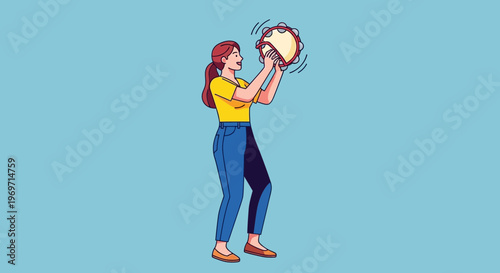 Woman playing tambourine, isolated on blue background