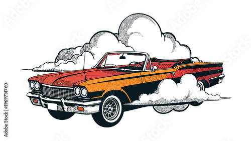 Vintage convertible car with smoke trails isolated on transparent background