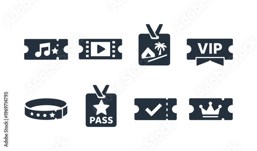 Minimal black ticket and pass icons set featuring music, video, vacation entry, VIP badge, wristband, admission pass, checkmark, and crown