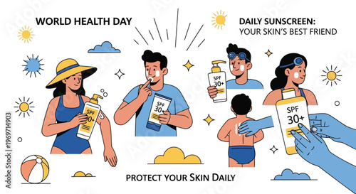 People applying sunscreen at beach for skin cancer prevention awareness