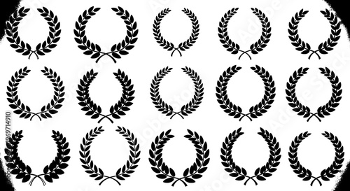 Laurels wreath set with intricate leaf designs and symmetrical patterns featuring laurel, leaves, design with black and white elements for classic,
