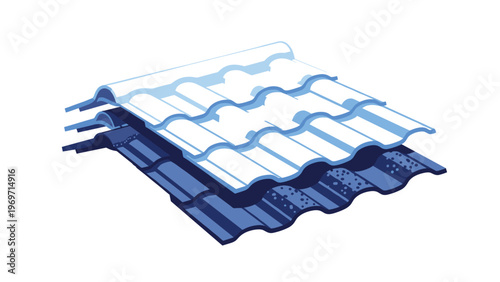 Stack of high quality blue ceramic or metal roofing tiles used for modern house construction and home improvement renovation projects.