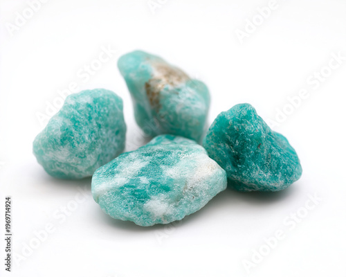 Amazonite Stones Collection — Polished and Raw Crystals on White, Aqua-green amazonite gemstones, polished and rough, high‑res closeups for jewelry, wellness, branding, posters, and product mockups.