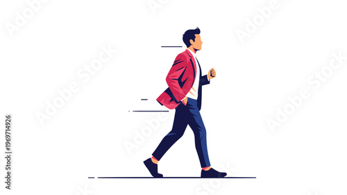 Confident businessman in a red suit jacket walking quickly forward with determination in a minimalist vector style for career goals.