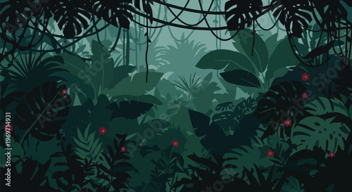 Tropical Jungle Rainforest Background with Lush Foliage and Exotic Flowers
