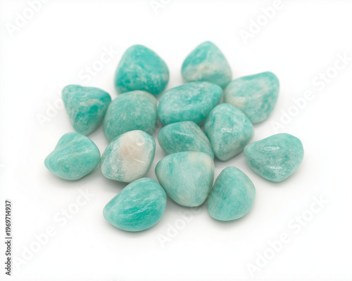 Amazonite Stones Collection — Polished and Raw Crystals on White, Aqua-green amazonite gemstones, polished and rough, high‑res closeups for jewelry, wellness, branding, posters, and product mockups.