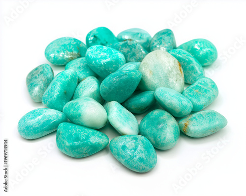 Amazonite Stones Collection — Polished and Raw Crystals on White, Aqua-green amazonite gemstones, polished and rough, high‑res closeups for jewelry, wellness, branding, posters, and product mockups.