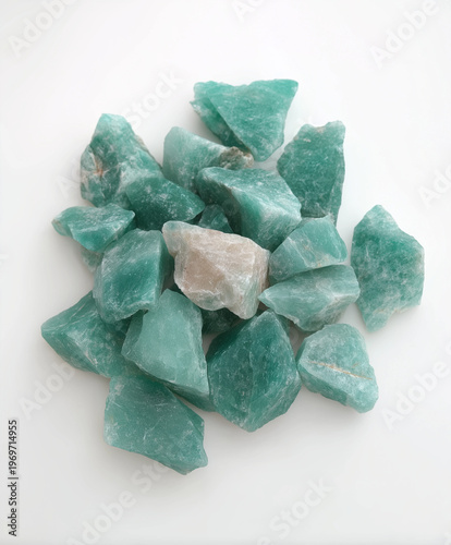 Amazonite Stones Collection — Polished and Raw Crystals on White, Aqua-green amazonite gemstones, polished and rough, high‑res closeups for jewelry, wellness, branding, posters, and product mockups.