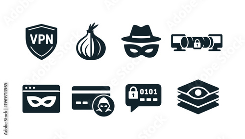 Cybersecurity and online privacy icons featuring VPN shield, anonymity browser, masked spy, encrypted tunnel, secure login, hacker profile, and data layers