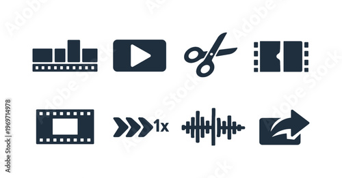 Collection of minimal video editing interface icons showing timeline, play button, scissors cut, filmstrip, fast-forward, waveform, and share action