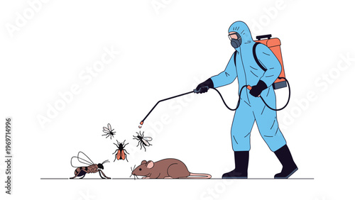 Professional exterminator in a blue protective suit and mask spraying pesticide on common pests like rats and insects for sanitation.