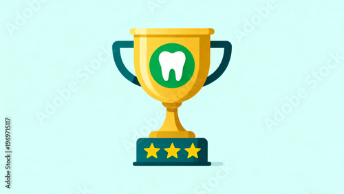 A clean flat illustration of a shiny gold trophy cup featuring a white tooth symbol at its center, representing excellence in dentistry, dental care achievements, professional awards, and healthcare r