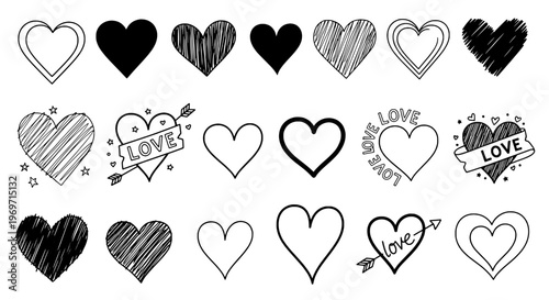 Hearts doodle drawn by hand with grunge scrawls and love messages featuring sketch, black and white, romantic with valentine and affection elements