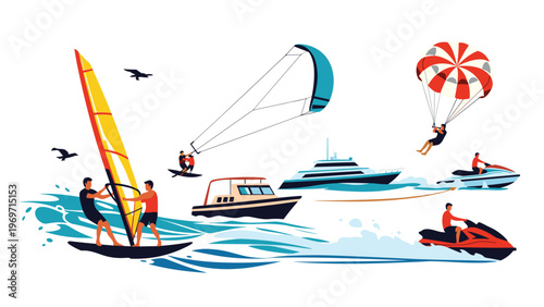 Collection of various water sports activities including windsurfing, kiteboarding, yachting, parasailing, and jet skiing on ocean waves.