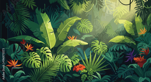 Lush Tropical Jungle Foliage with Exotic Flowers and Sunbeams